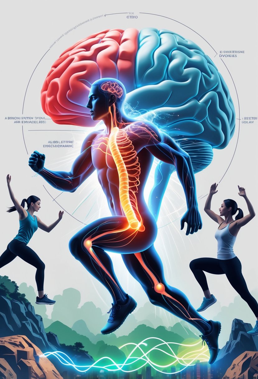 A human figure in motion with glowing adrenal glands and nervous system, surrounded by people engaging in rock climbing, running, and yoga, with a background showing brain and bloodstream diagrams representing adrenaline flow.