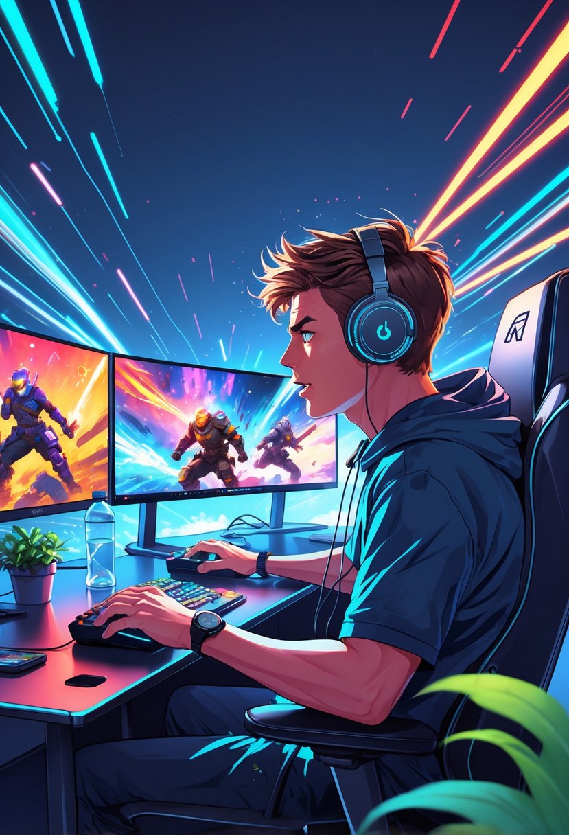 A person playing video games intensely on a multi-monitor setup with symbols of health like a water bottle and a heart rate monitor nearby.