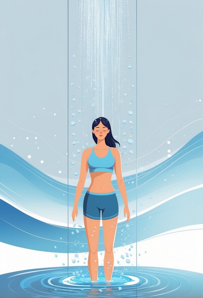 A person standing under a cold shower with water droplets splashing, looking calm and refreshed, surrounded by subtle light effects representing energy.