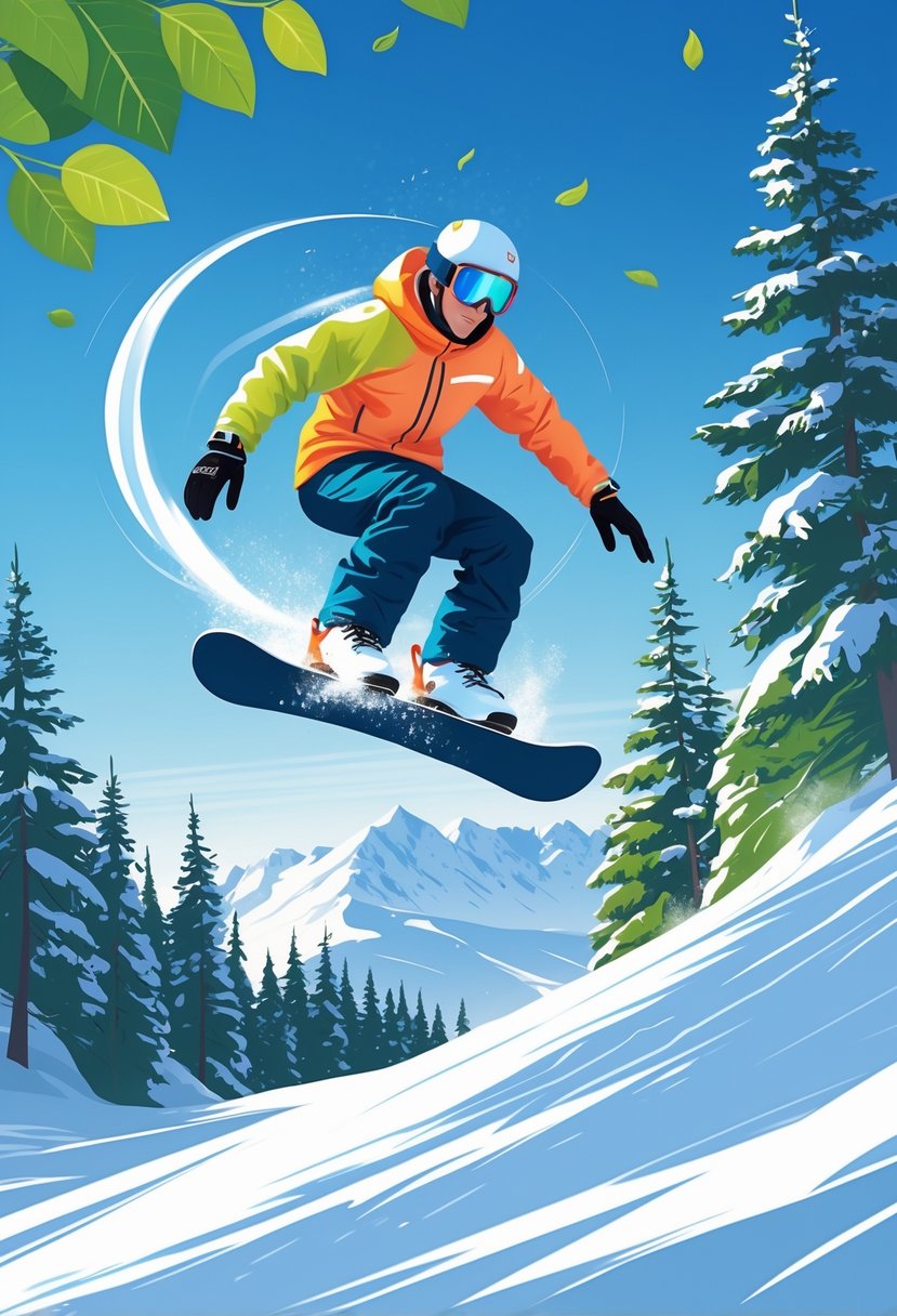 A snowboarder jumping off a snowy mountain slope surrounded by pine trees and clear blue sky.