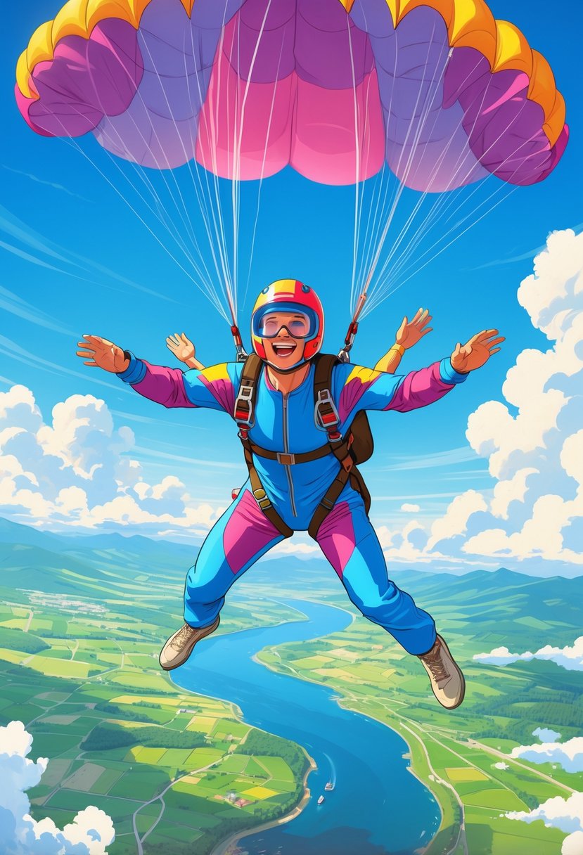 A person skydiving high above a landscape with a parachute deployed under a clear blue sky.