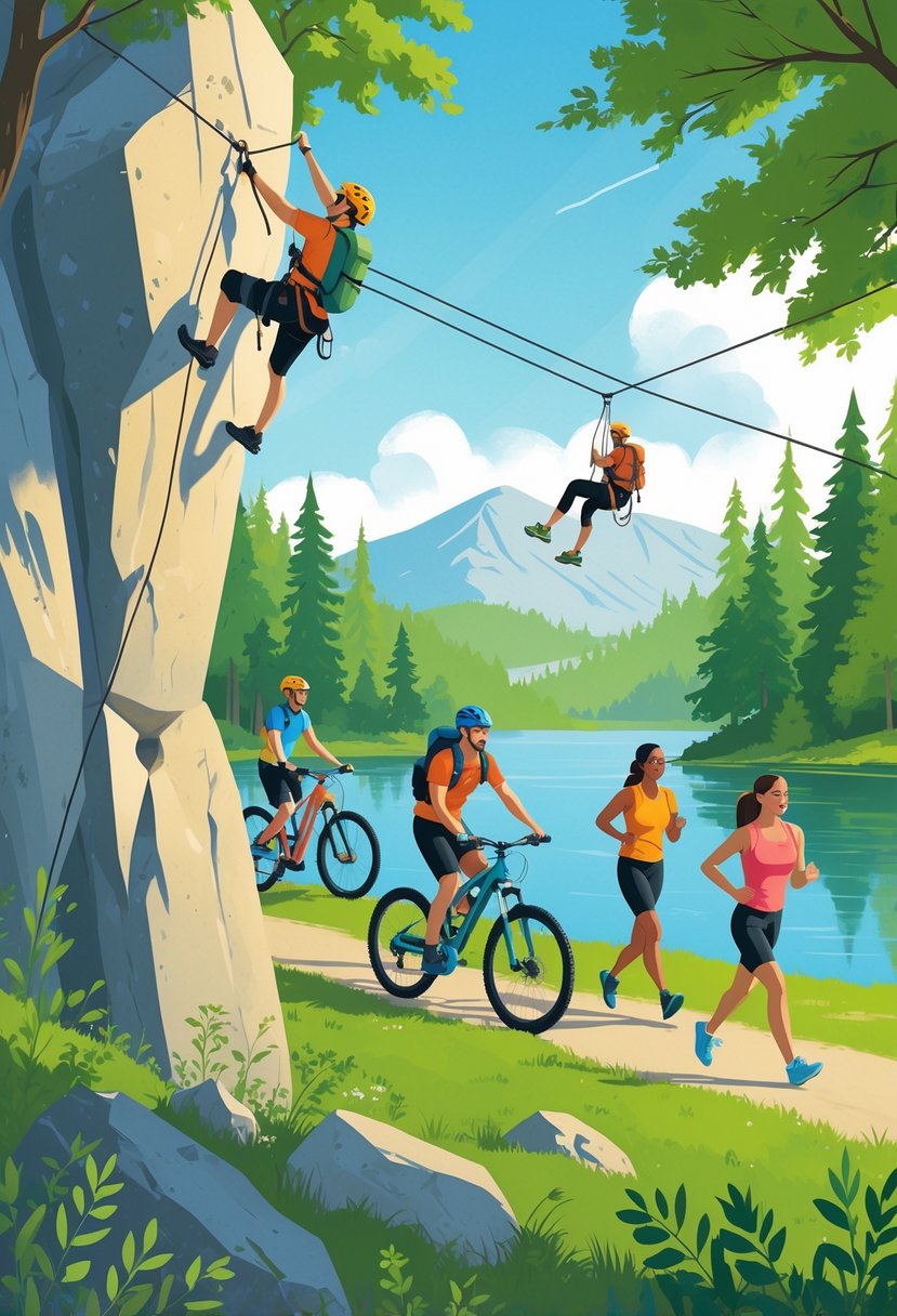 People safely enjoying adrenaline activities like rock climbing, mountain biking, zip-lining, kayaking, and running in a natural outdoor setting.