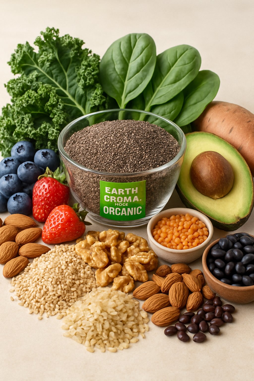 A bowl of organic chia seeds surrounded by various fresh healthy foods including leafy greens, berries, nuts, grains, avocados, sweet potatoes, and legumes.