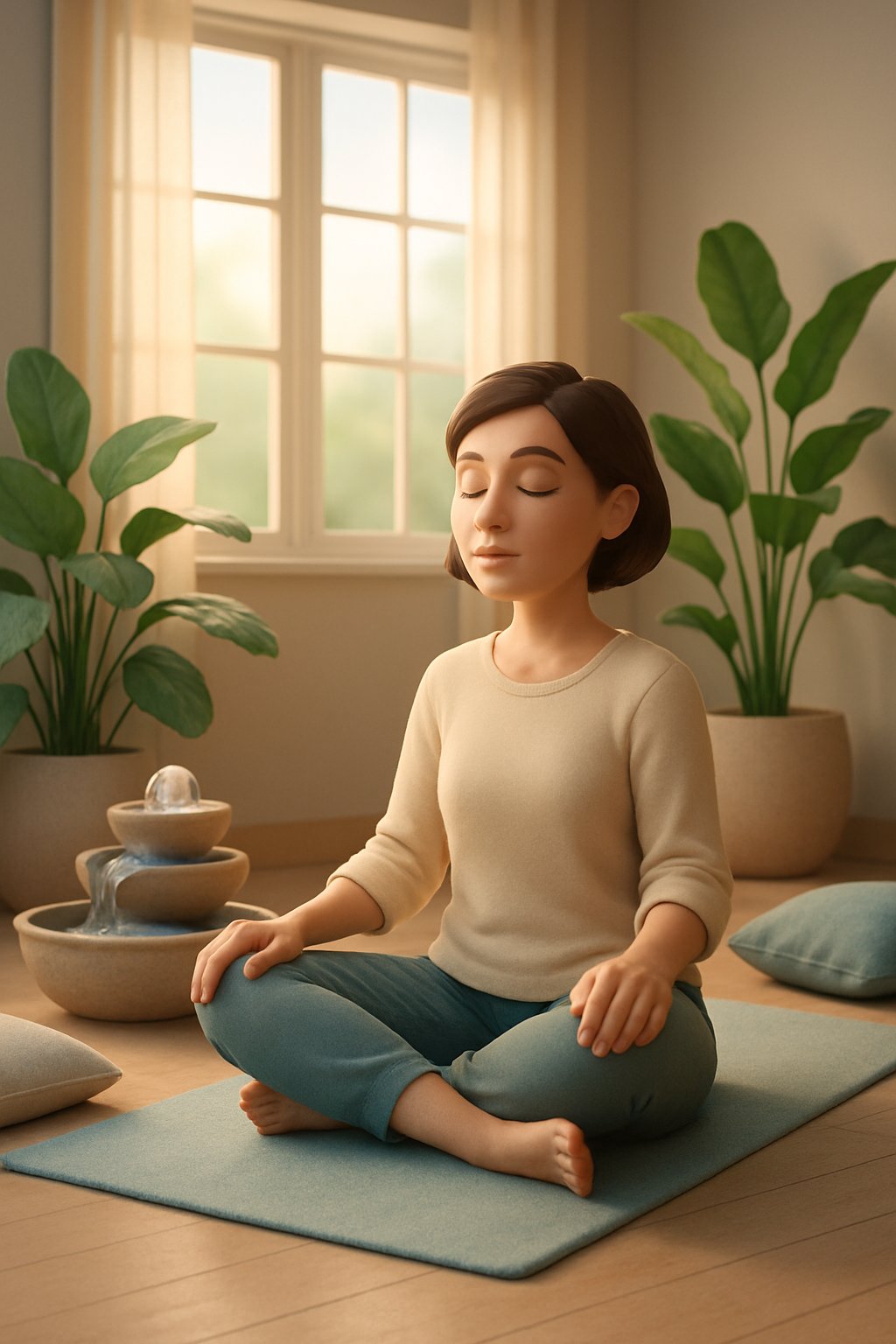A person sitting cross-legged on a yoga mat in a bright room with plants and a small indoor fountain, practicing deep breathing and relaxation.