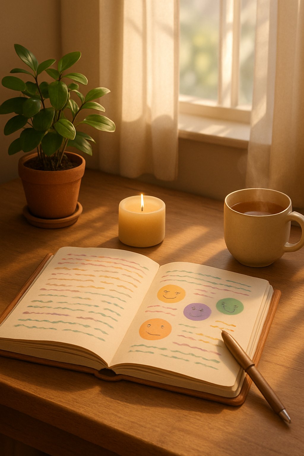 A cozy desk with an open journal, pen, potted plant, candle, and cup of tea near a window with soft natural light.