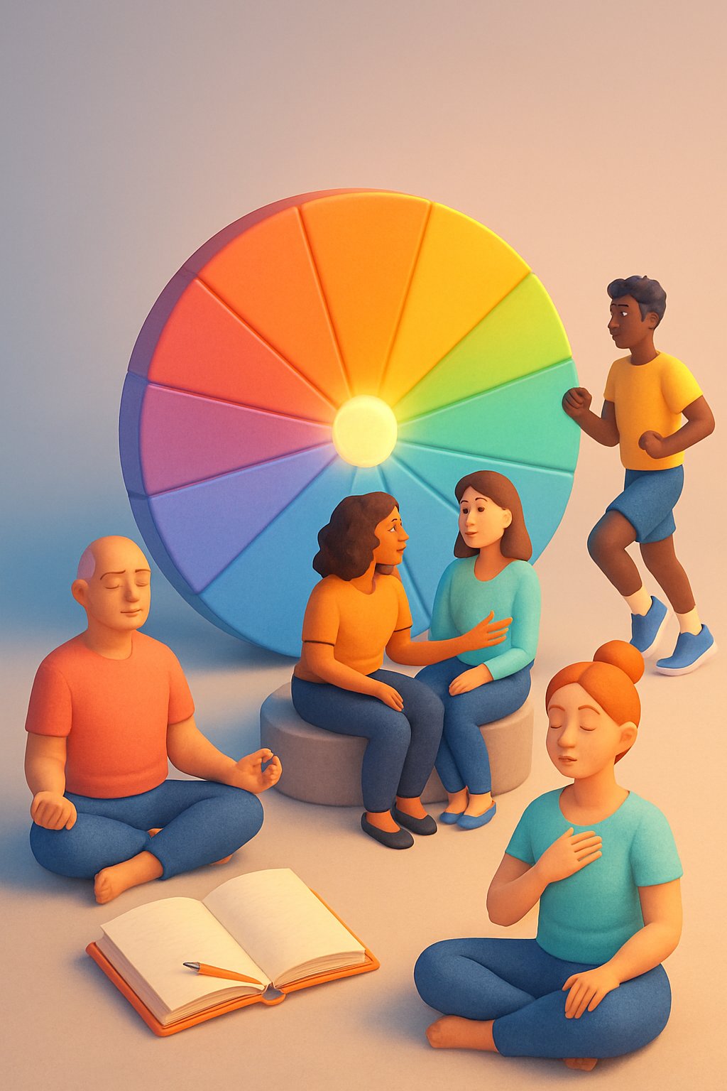 A 3D image of a colorful emotions wheel surrounded by diverse people practicing healthy ways to process emotions like meditation, journaling, and talking.