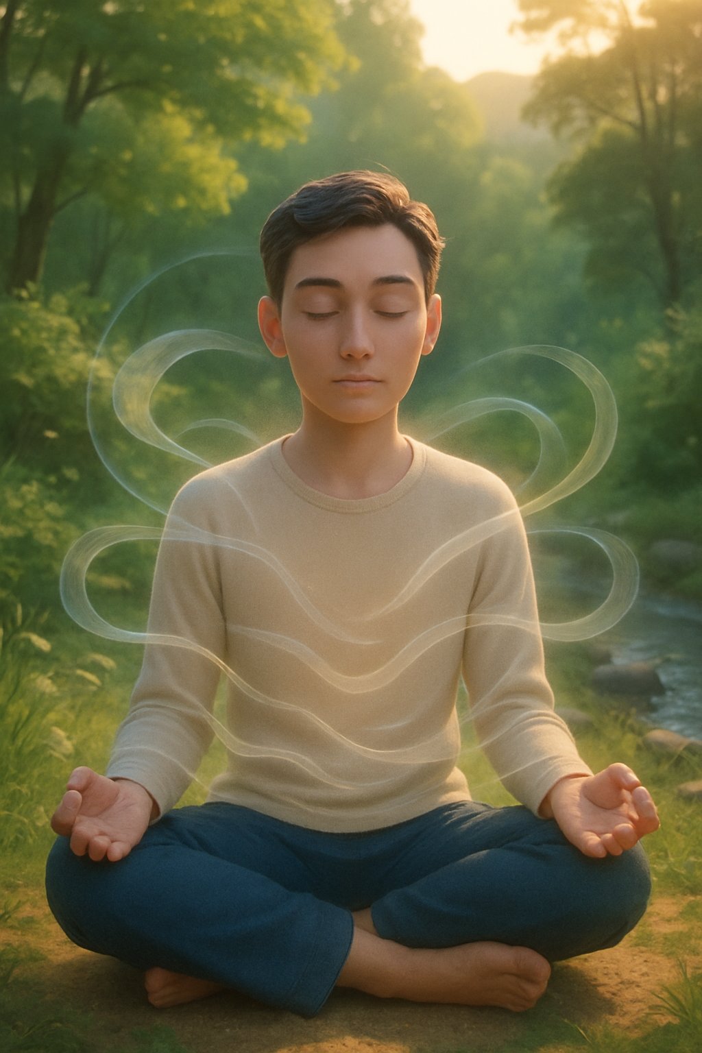 A person meditating peacefully outdoors surrounded by nature and soft glowing light.
