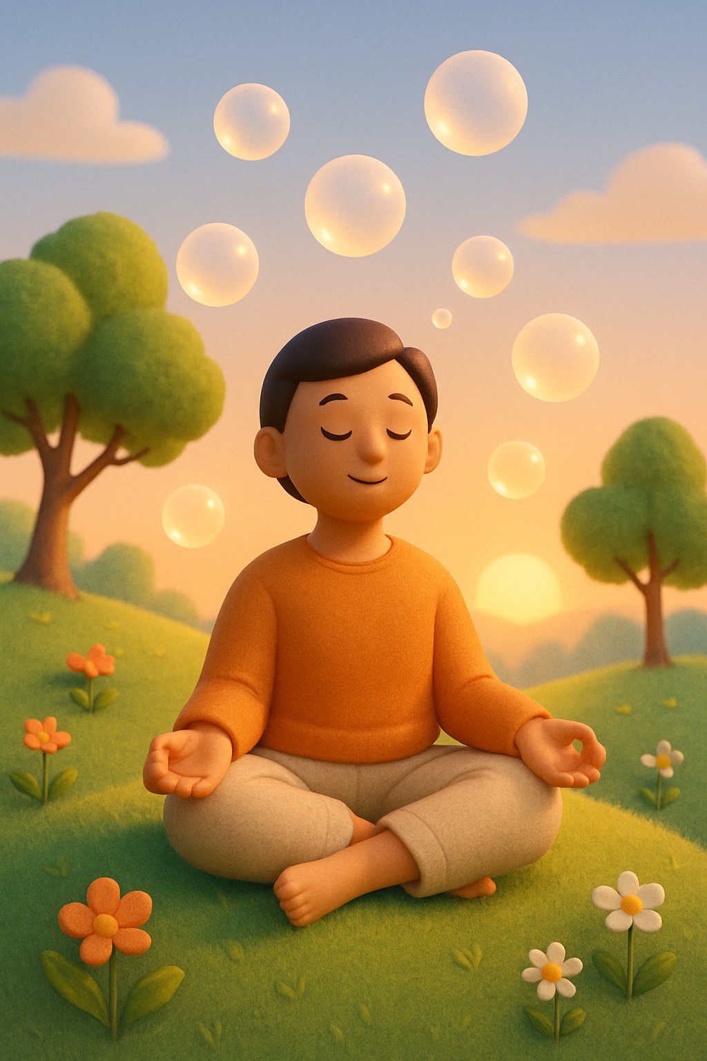 A person meditating peacefully on a grassy hill surrounded by glowing orbs and nature during sunrise.