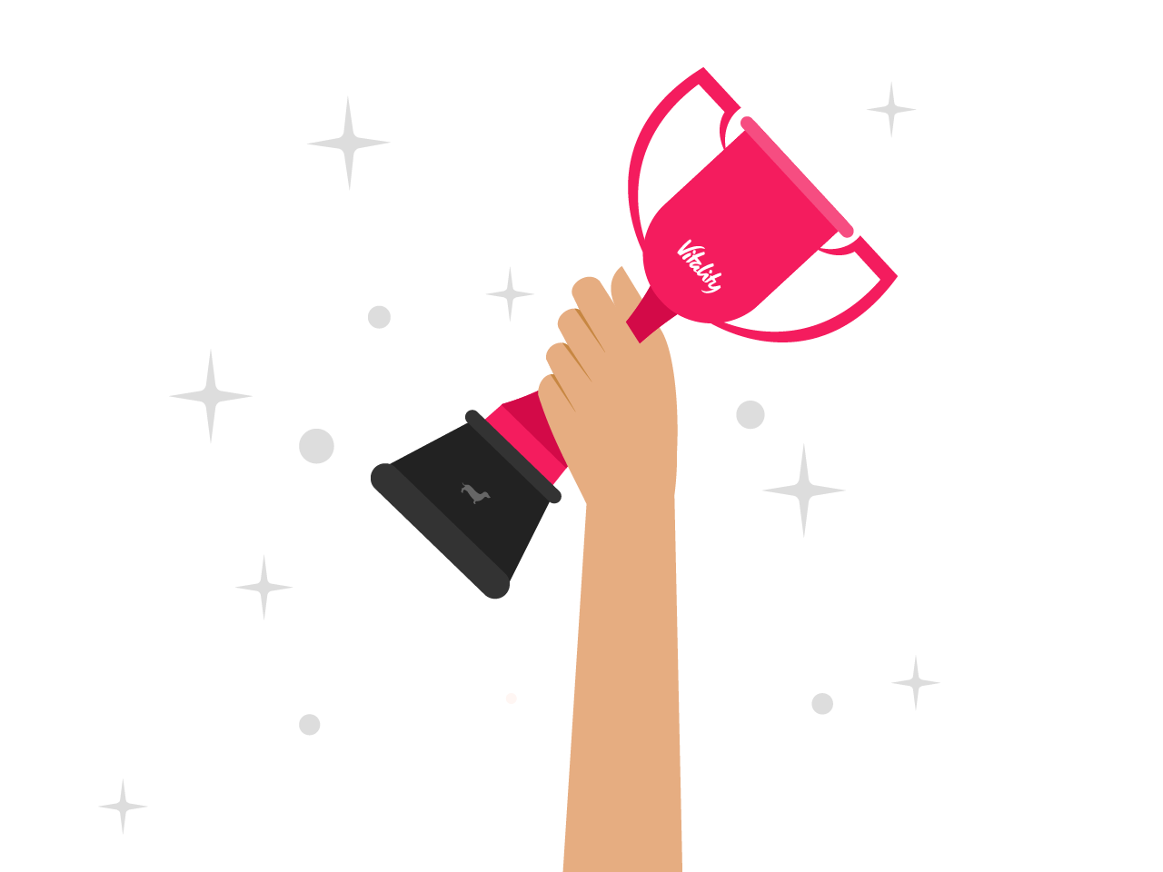 Hand holding a trophy that says Vitality on it